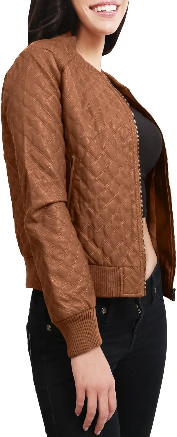 NE PEOPLE Women's Premium Fitted faux leather Zip Up Moto Jacket