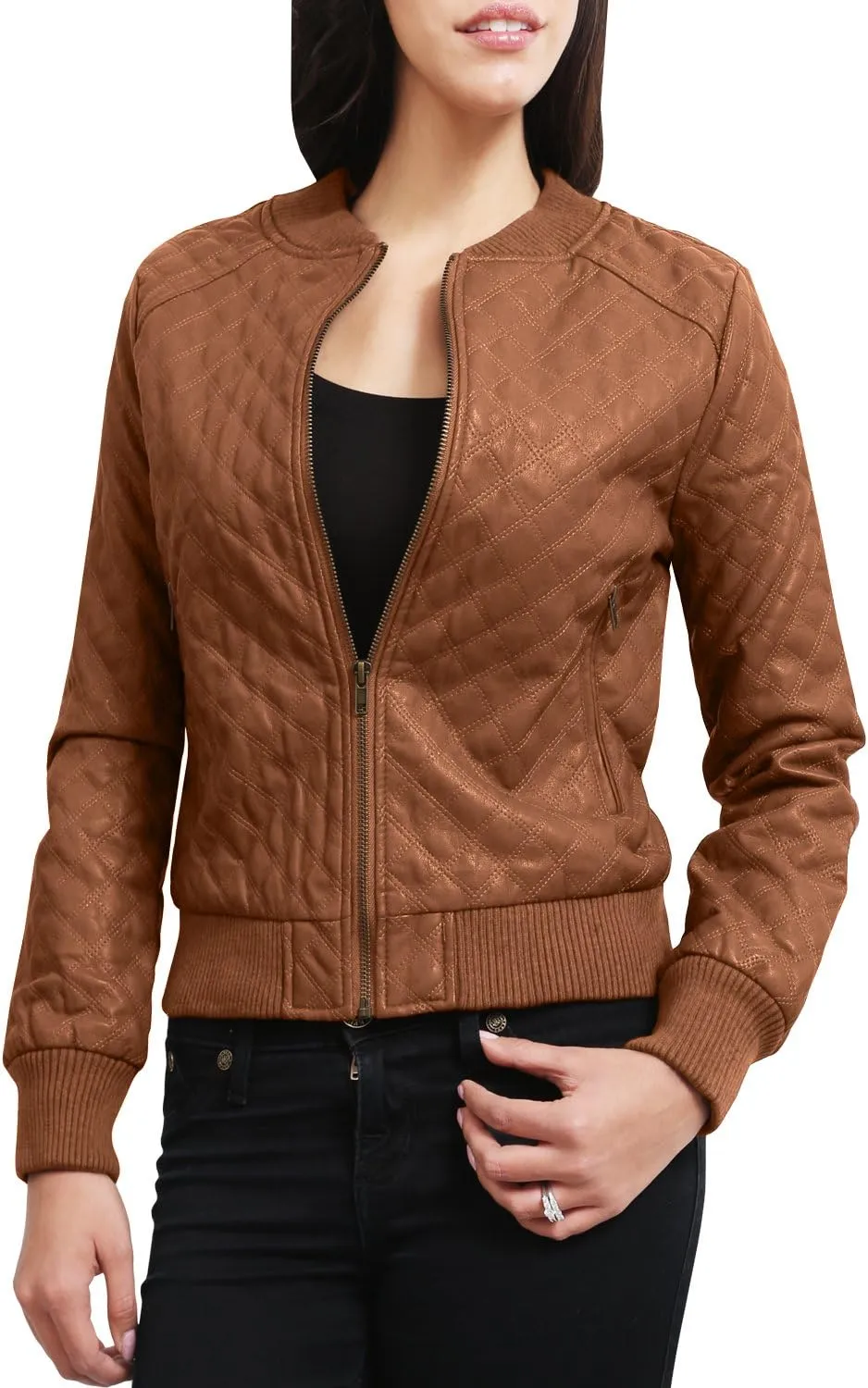 NE PEOPLE Women's Premium Fitted faux leather Zip Up Moto Jacket