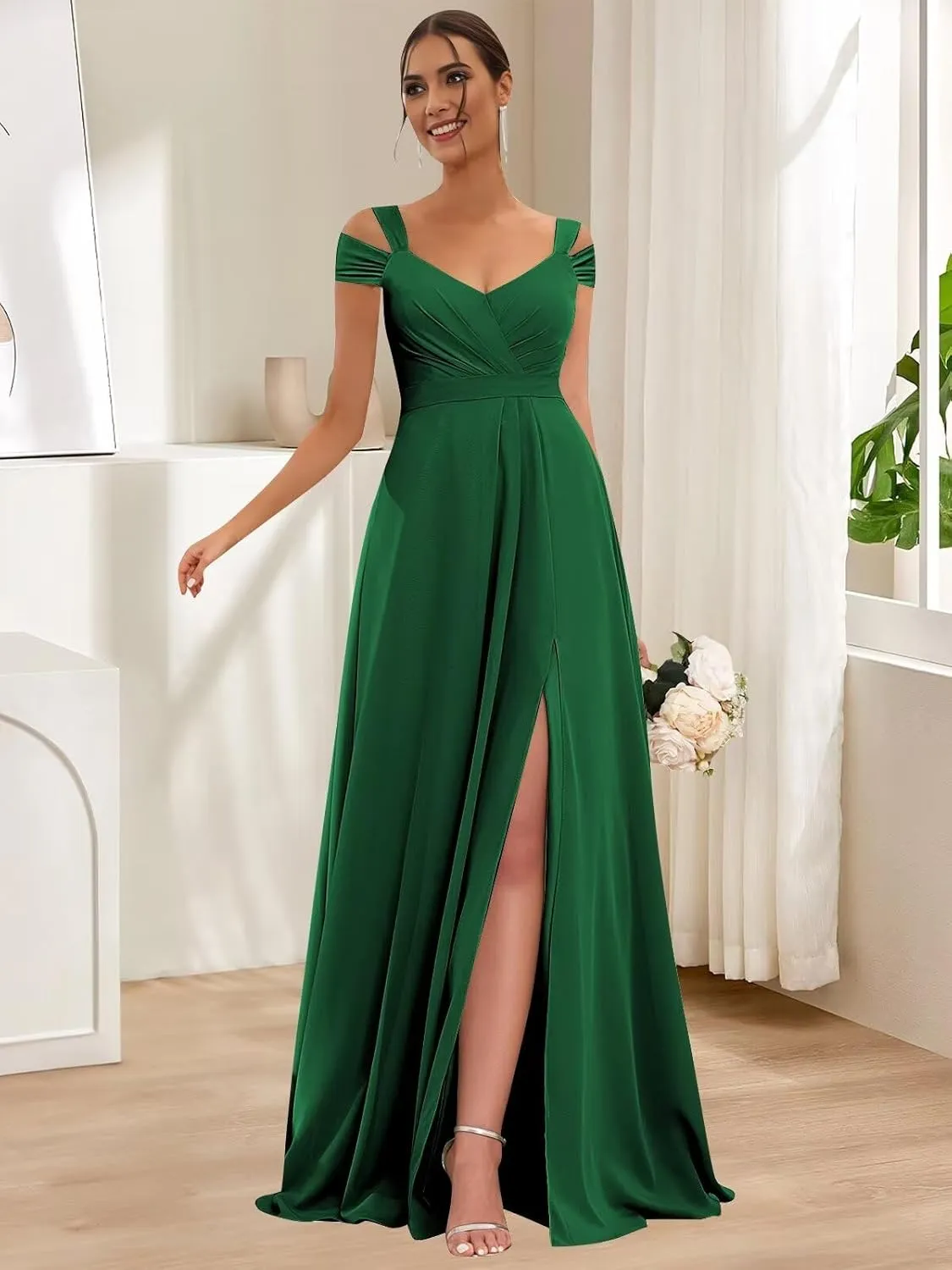 Off Shoulder Chiffon Bridesmaid Dresses for Women 2025 with Slit Long Ruched Wedding Guest Formal Prom Dress