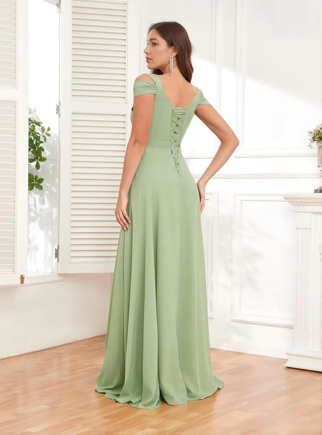 Off Shoulder Chiffon Bridesmaid Dresses for Women 2025 with Slit Long Ruched Wedding Guest Formal Prom Dress