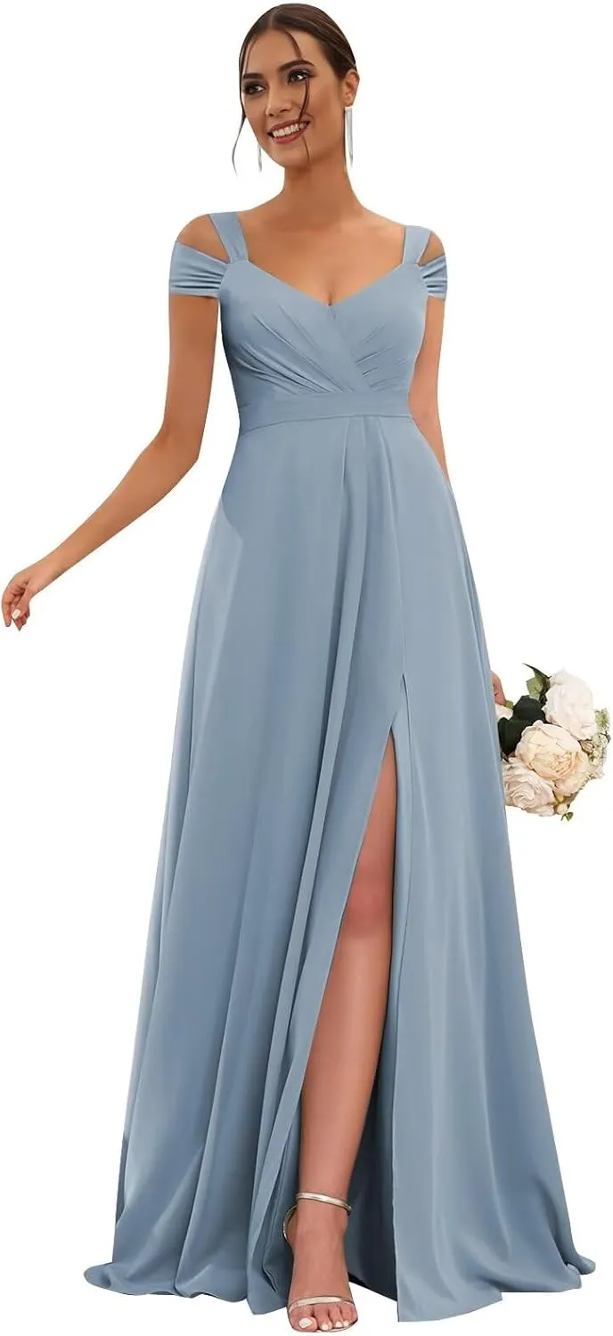 Off Shoulder Chiffon Bridesmaid Dresses for Women 2025 with Slit Long Ruched Wedding Guest Formal Prom Dress