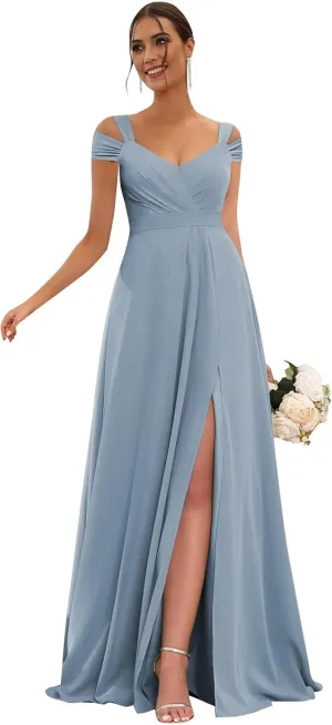 Off Shoulder Chiffon Bridesmaid Dresses for Women 2025 with Slit Long Ruched Wedding Guest Formal Prom Dress