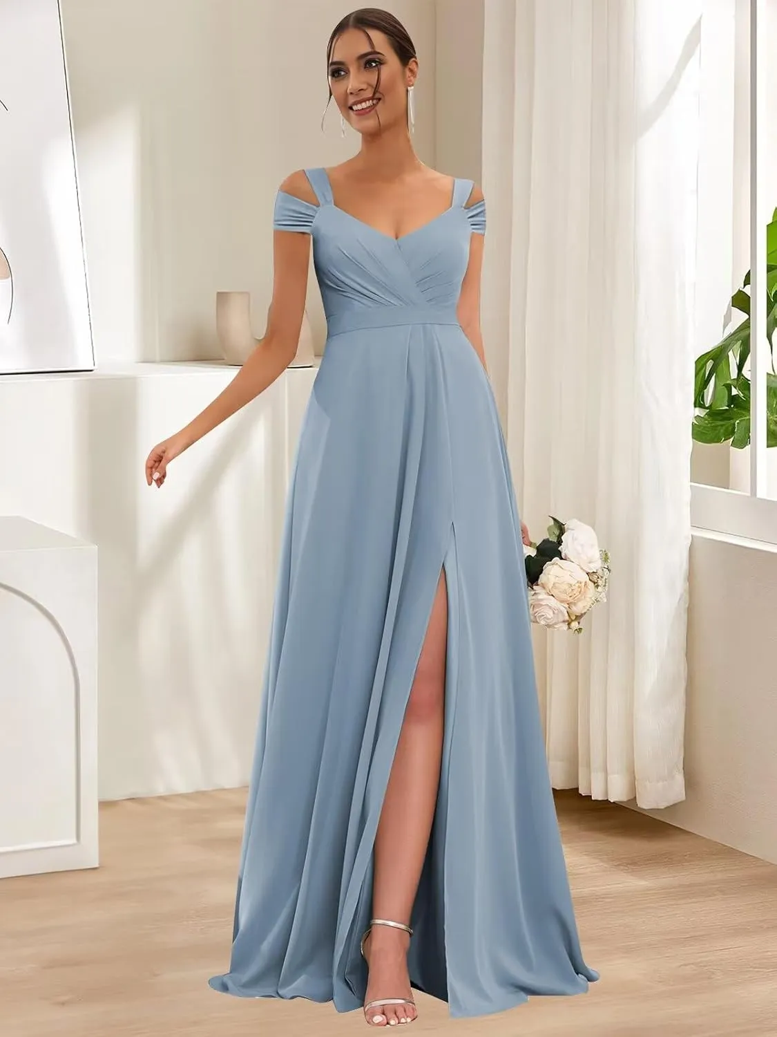 Off Shoulder Chiffon Bridesmaid Dresses for Women 2025 with Slit Long Ruched Wedding Guest Formal Prom Dress
