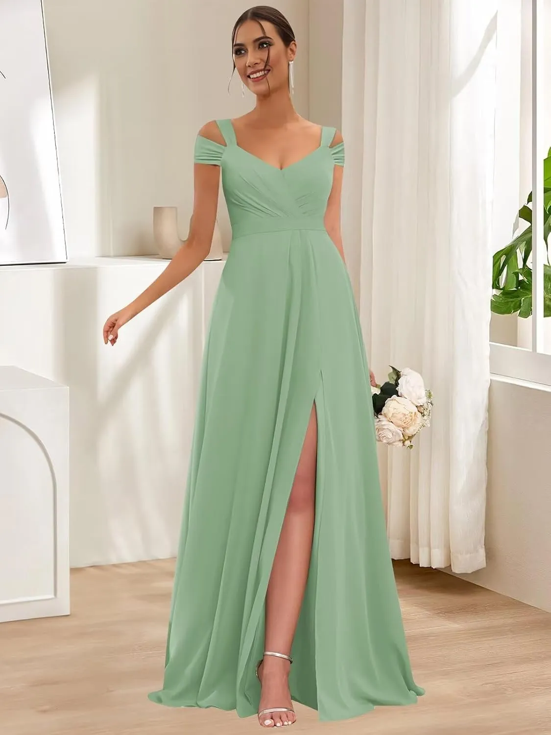Off Shoulder Chiffon Bridesmaid Dresses for Women 2025 with Slit Long Ruched Wedding Guest Formal Prom Dress