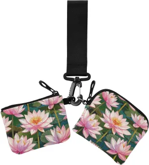 Pink Gold Oil Painting Feeling flower Women's Wallets Card Cases Mini Fashion ID Card Holders Protector with Wristlet Strap for Lady 2 Packs
