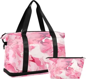 Pink Horse Texture Sports Gym Bag with Waterproof Dry Wet Pocket, Travel Duffel Bag for Women MenWorkout Bag Fits Yoga, Swimming