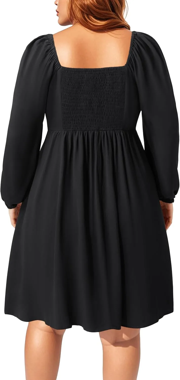 Pinup Fashion Women Plus Size Casual Puff Sleeve Smocked Short Summer Sundress A Line Babydoll Cute Mini Dresses