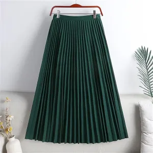 Pleated Skirt, Elegant Elastic High Waist A-LINE for Office Ladies' Work, Midi Long