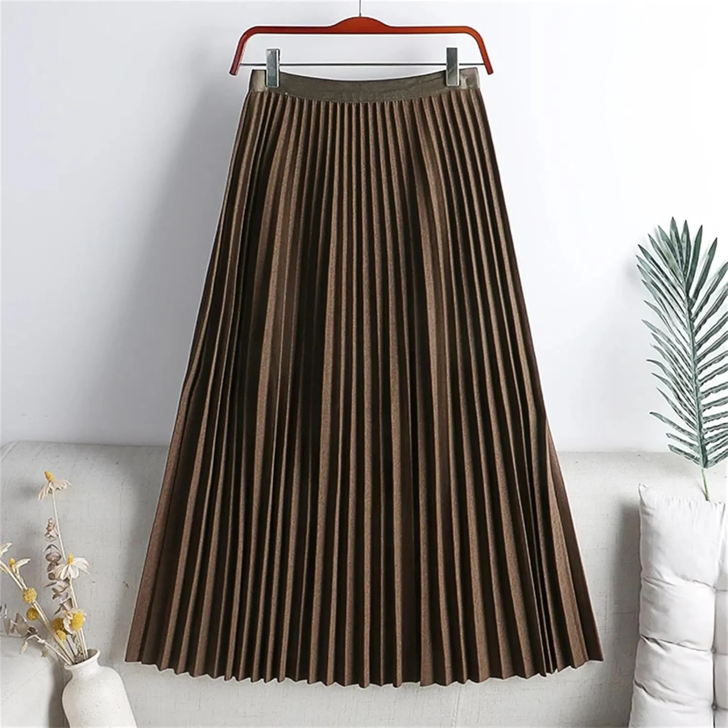 Pleated Skirt, Elegant Elastic High Waist A-LINE for Office Ladies' Work, Midi Long