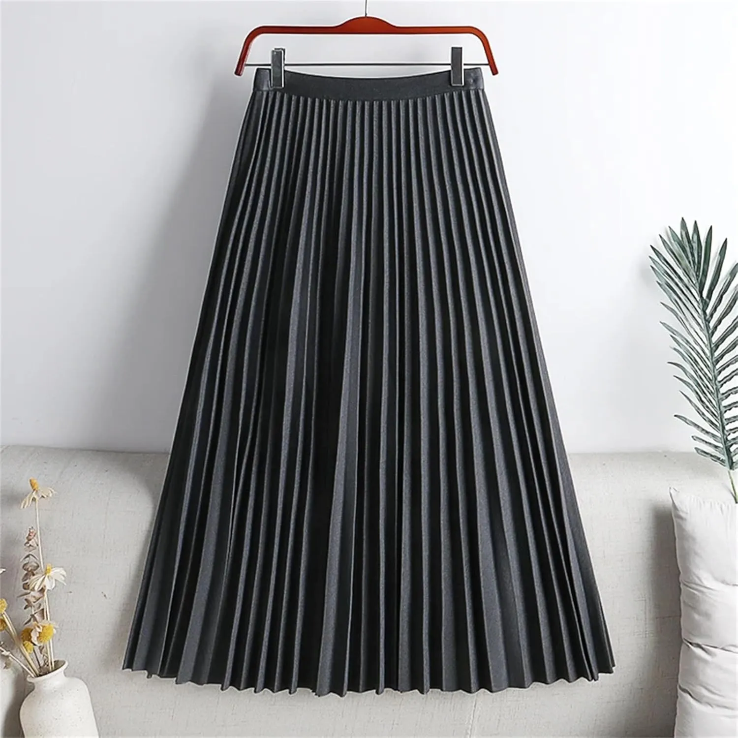 Pleated Skirt, Elegant Elastic High Waist A-LINE for Office Ladies' Work, Midi Long