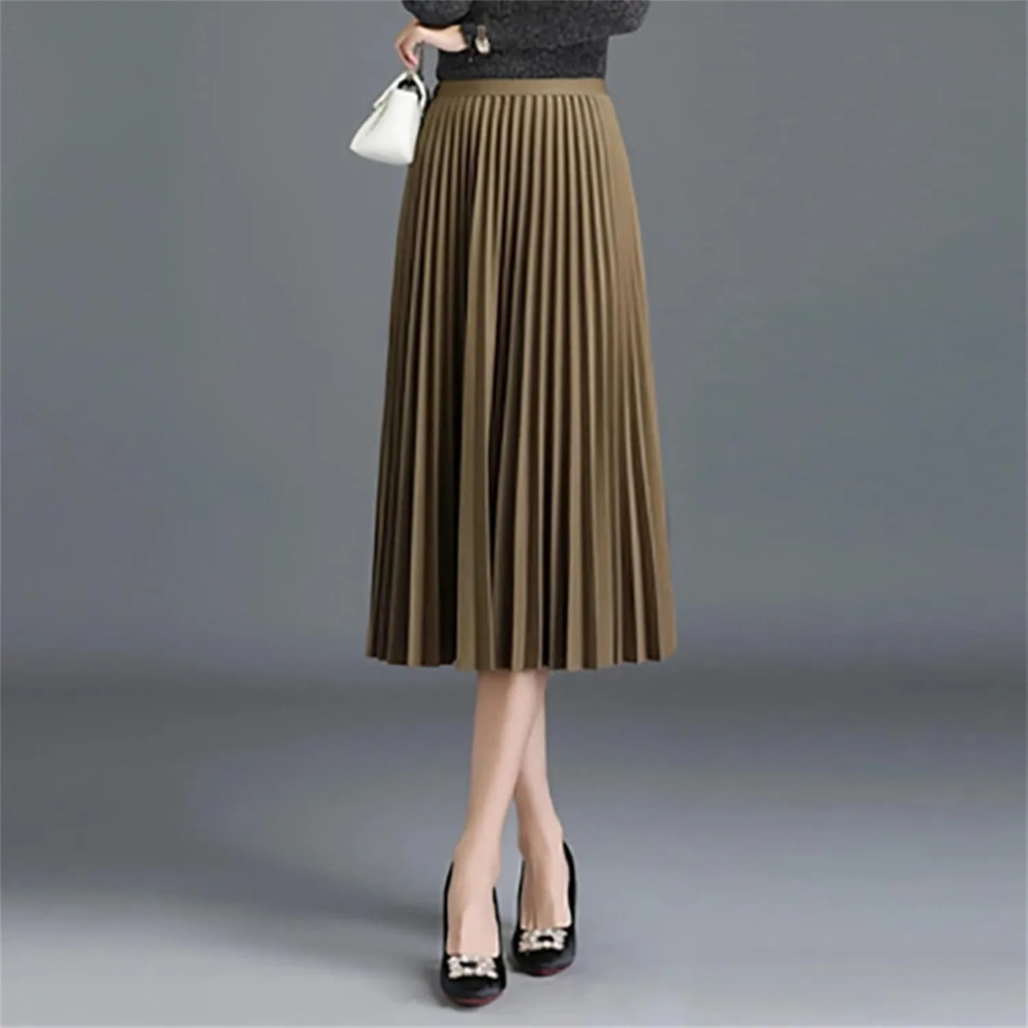 Pleated Skirt, Elegant Elastic High Waist A-LINE for Office Ladies' Work, Midi Long