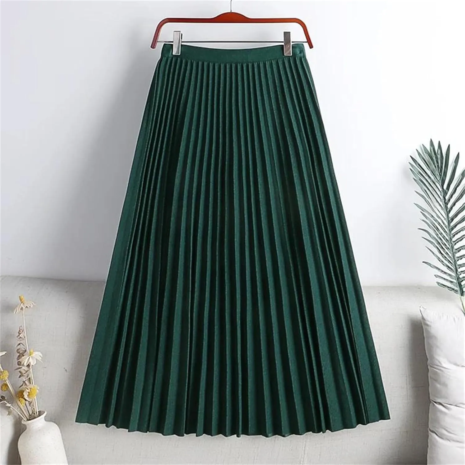 Pleated Skirt, Elegant Elastic High Waist A-LINE for Office Ladies' Work, Midi Long