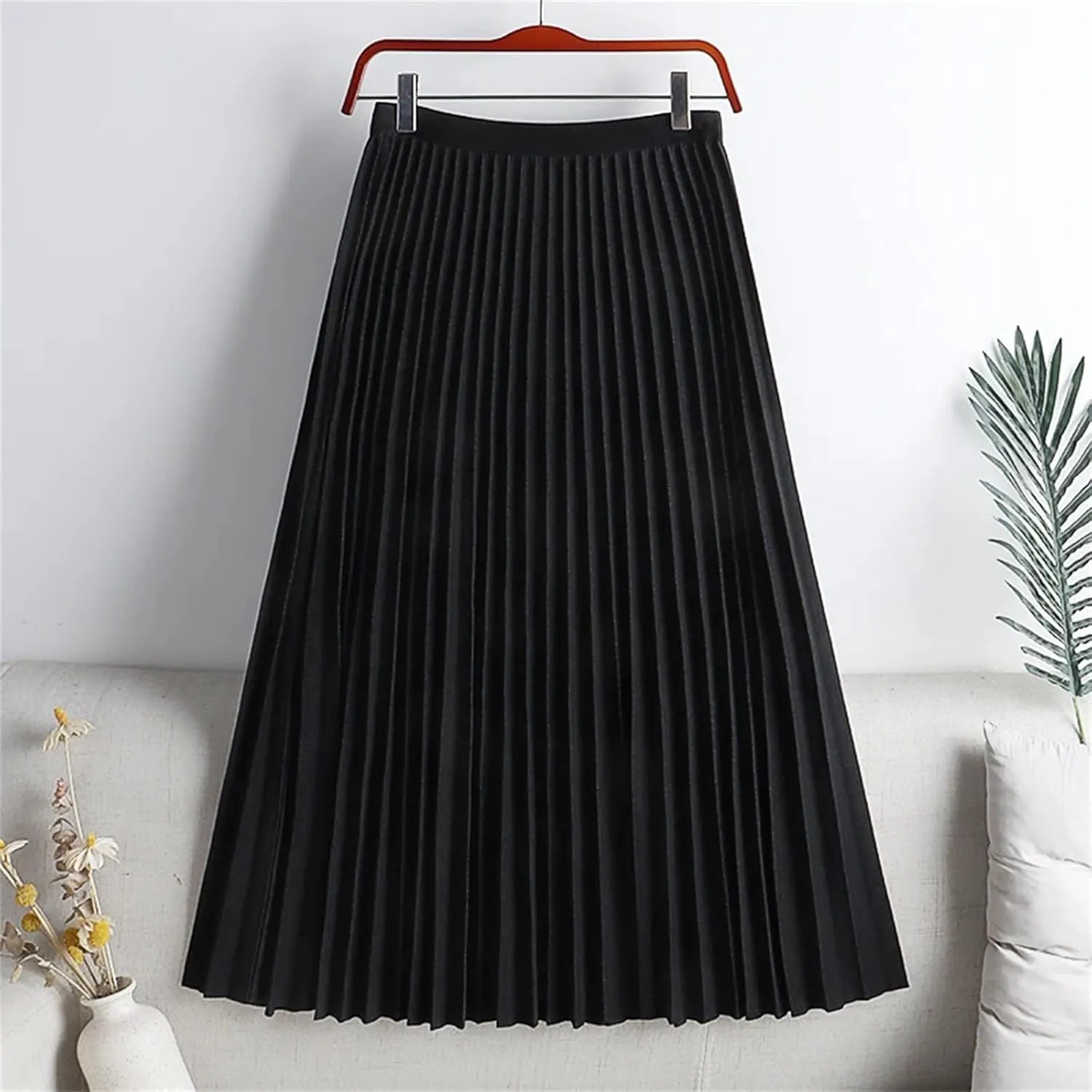 Pleated Skirt, Elegant Elastic High Waist A-LINE for Office Ladies' Work, Midi Long