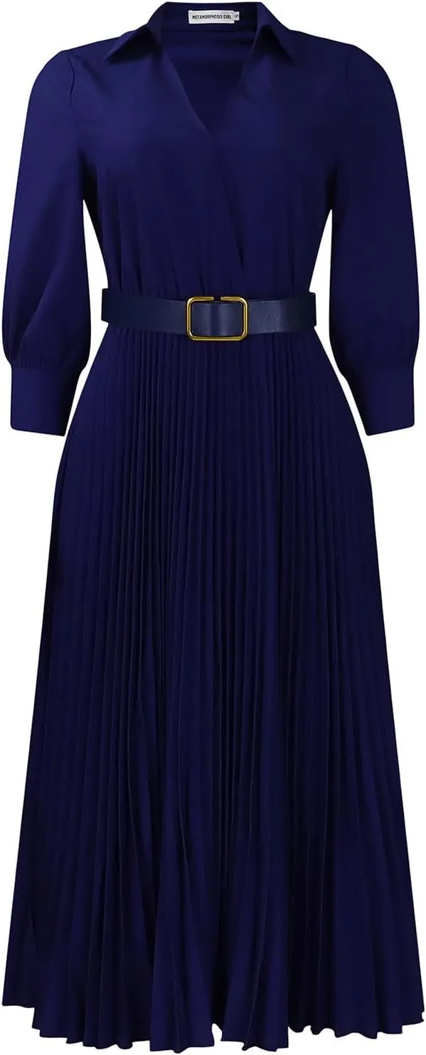 Plus Size High Waist with Belt Pleated Dress 3/4 Sleeve V-Neck Solid Ruffle Midi Dresses Casual Fashion Work Dress