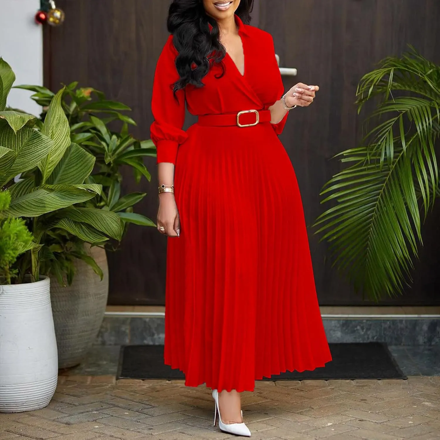 Plus Size High Waist with Belt Pleated Dress 3/4 Sleeve V-Neck Solid Ruffle Midi Dresses Casual Fashion Work Dress