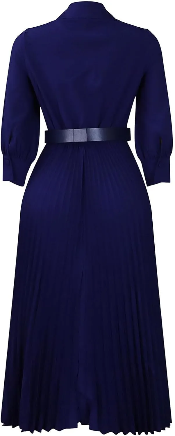 Plus Size High Waist with Belt Pleated Dress 3/4 Sleeve V-Neck Solid Ruffle Midi Dresses Casual Fashion Work Dress