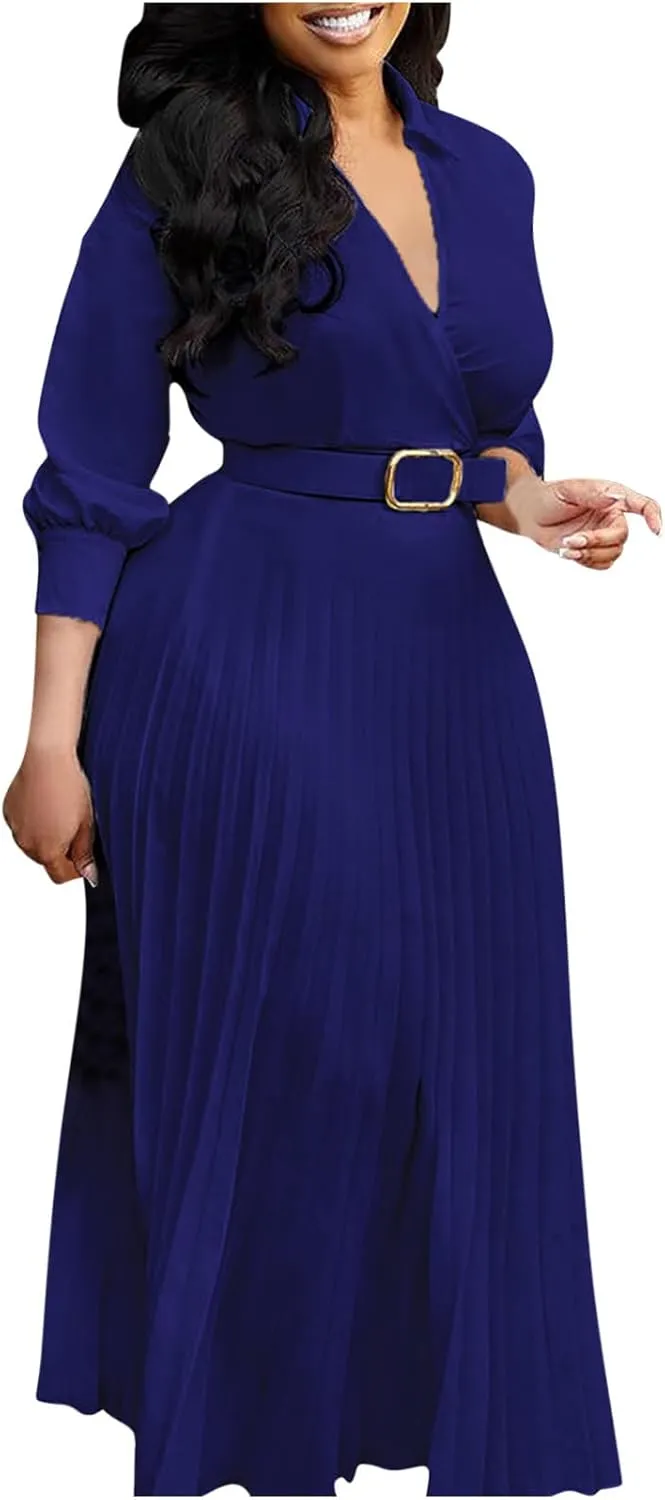 Plus Size High Waist with Belt Pleated Dress 3/4 Sleeve V-Neck Solid Ruffle Midi Dresses Casual Fashion Work Dress