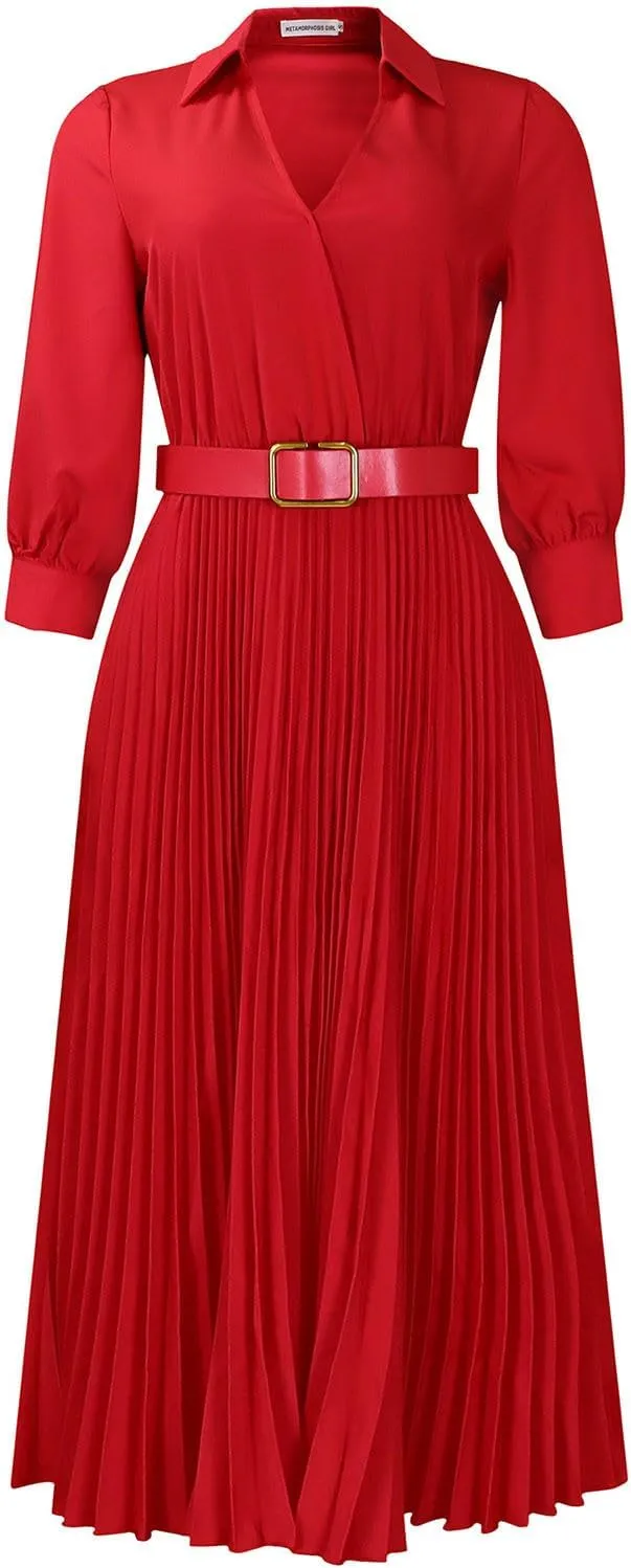 Plus Size High Waist with Belt Pleated Dress 3/4 Sleeve V-Neck Solid Ruffle Midi Dresses Casual Fashion Work Dress