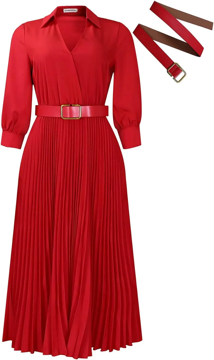 Plus Size High Waist with Belt Pleated Dress 3/4 Sleeve V-Neck Solid Ruffle Midi Dresses Casual Fashion Work Dress