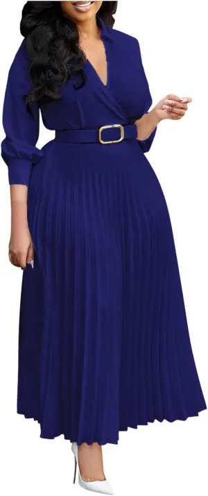 Plus Size High Waist with Belt Pleated Dress 3/4 Sleeve V-Neck Solid Ruffle Midi Dresses Casual Fashion Work Dress