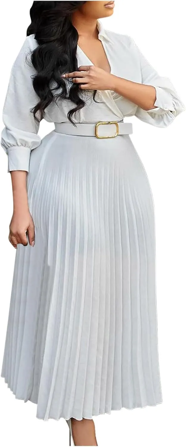 Plus Size High Waist with Belt Pleated Dress 3/4 Sleeve V-Neck Solid Ruffle Midi Dresses Casual Fashion Work Dress