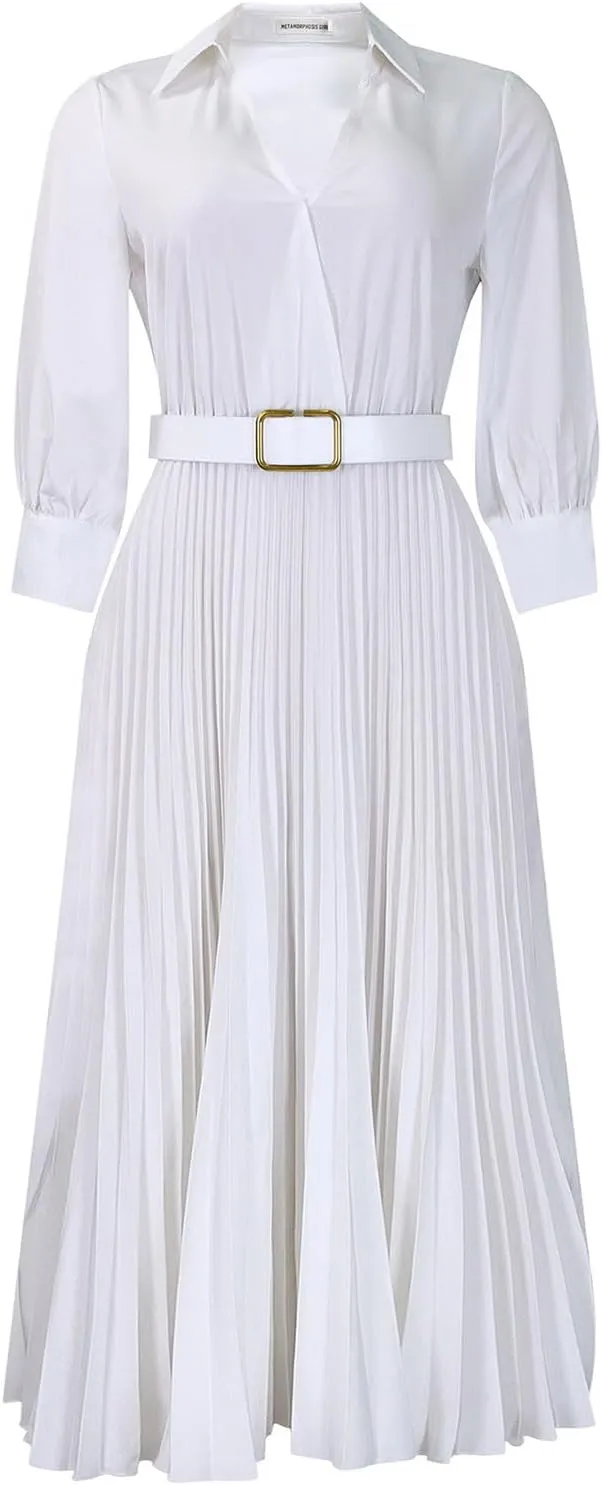 Plus Size High Waist with Belt Pleated Dress 3/4 Sleeve V-Neck Solid Ruffle Midi Dresses Casual Fashion Work Dress