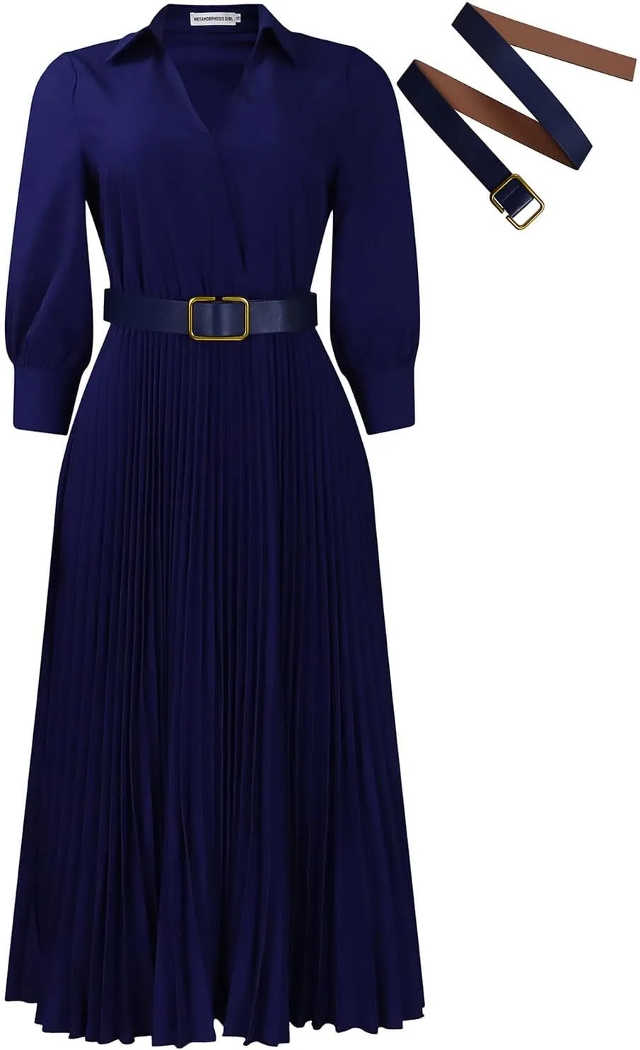 Plus Size High Waist with Belt Pleated Dress 3/4 Sleeve V-Neck Solid Ruffle Midi Dresses Casual Fashion Work Dress