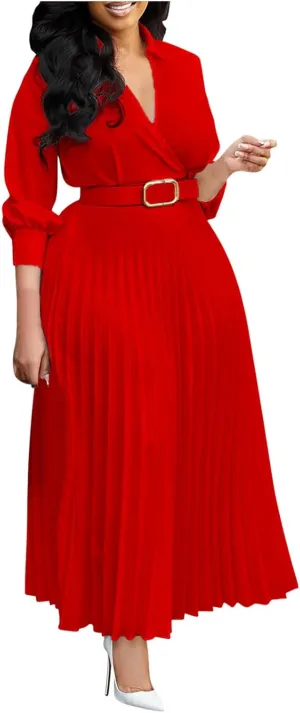 Plus Size High Waist with Belt Pleated Dress 3/4 Sleeve V-Neck Solid Ruffle Midi Dresses Casual Fashion Work Dress