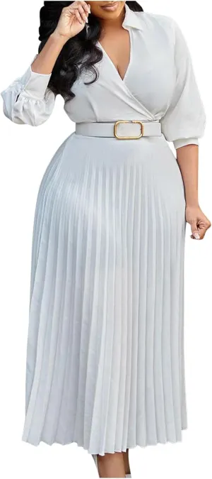 Plus Size High Waist with Belt Pleated Dress 3/4 Sleeve V-Neck Solid Ruffle Midi Dresses Casual Fashion Work Dress