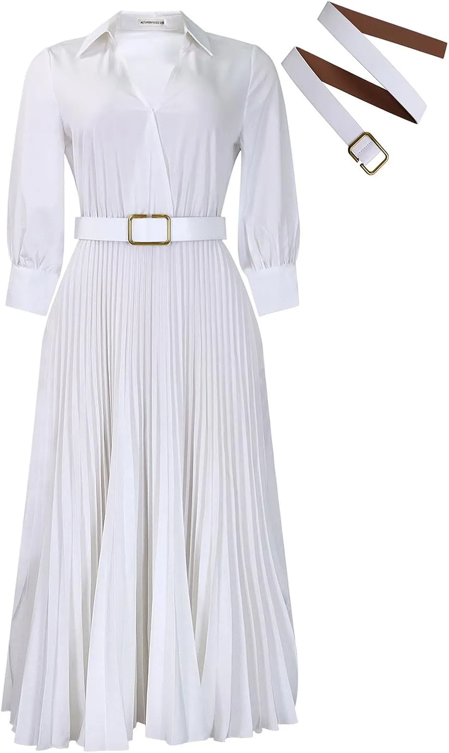 Plus Size High Waist with Belt Pleated Dress 3/4 Sleeve V-Neck Solid Ruffle Midi Dresses Casual Fashion Work Dress