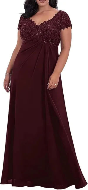 Plus Size Mother of The Bride Dresses for Wedding Short Sleeve Applique Formal Dress for Wedding Guest
