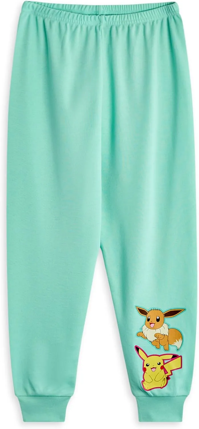 Pokemon Girls Pajama Set | Kids Pikachu & Eevee Graphic Short Sleeve Top & Long Leg PJ Bottoms in Pink & Green Children