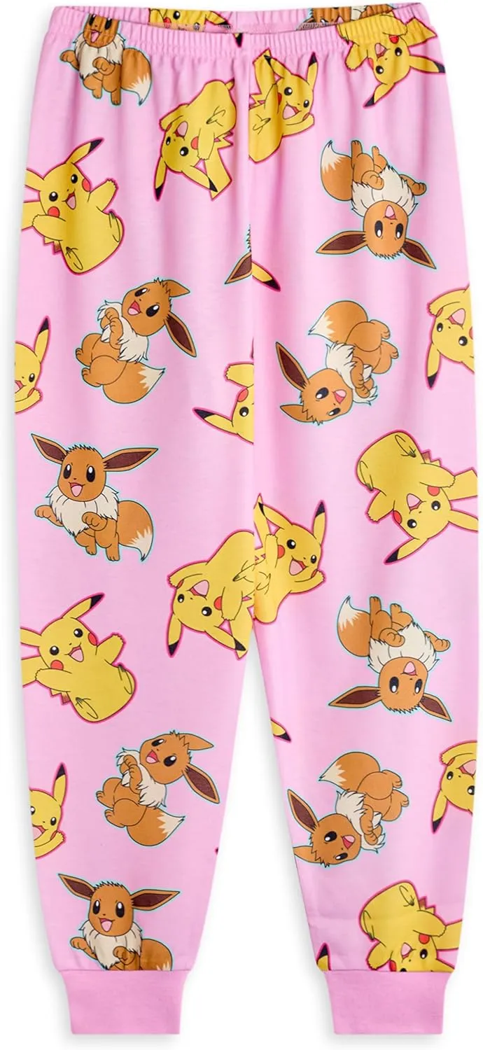 Pokemon Girls Pajama Set | Kids Pikachu & Eevee Graphic Short Sleeve Top & Long Leg PJ Bottoms in Pink & Green Children