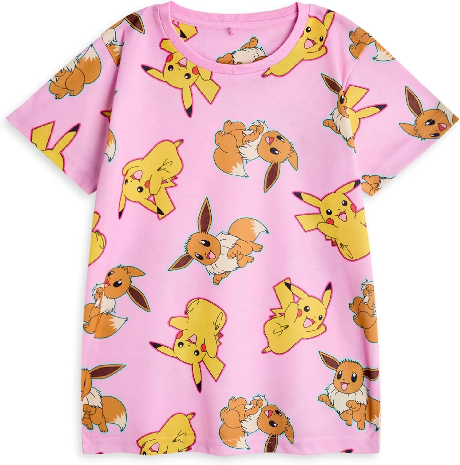 Pokemon Girls Pajama Set | Kids Pikachu & Eevee Graphic Short Sleeve Top & Long Leg PJ Bottoms in Pink & Green Children