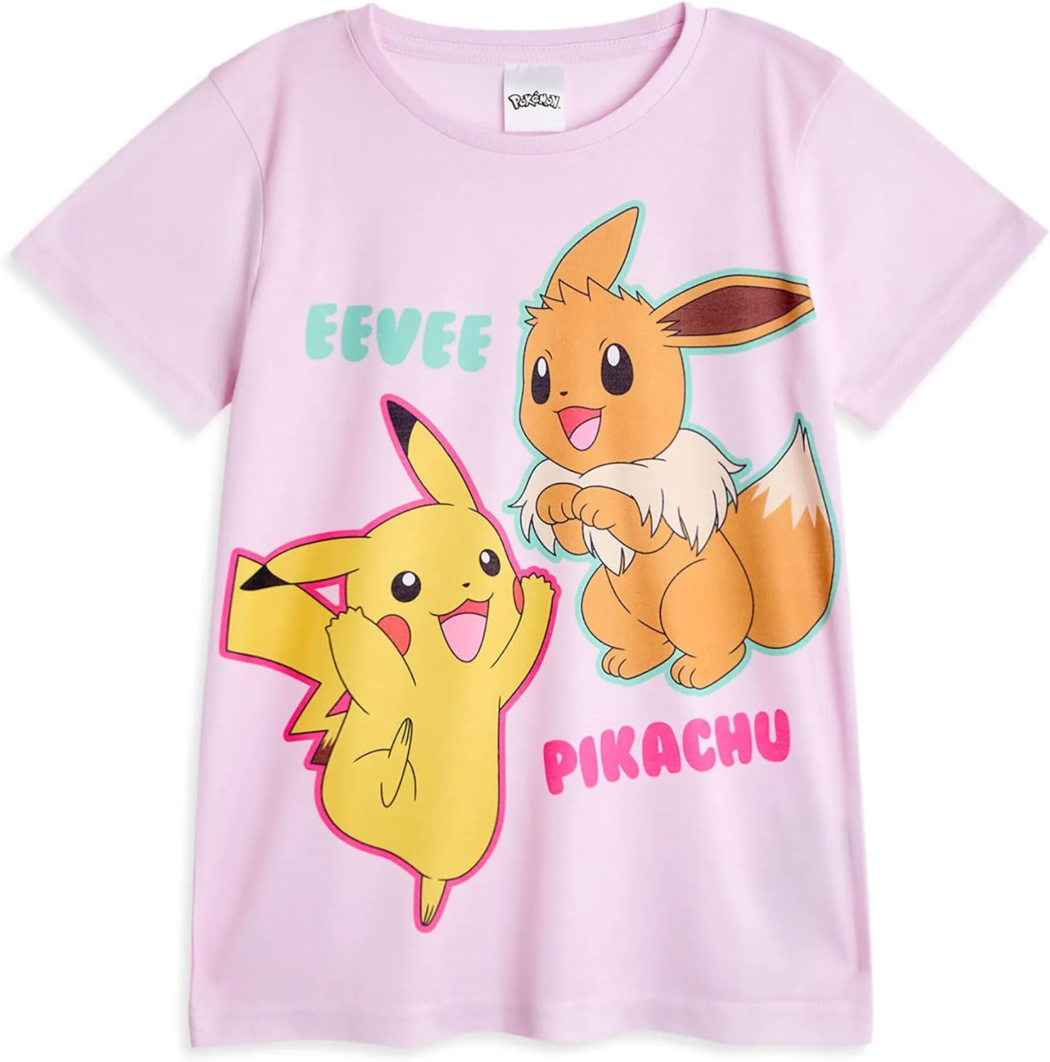 Pokemon Girls Pajama Set | Kids Pikachu & Eevee Graphic Short Sleeve Top & Long Leg PJ Bottoms in Pink & Green Children