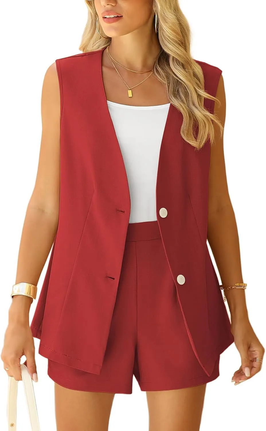 QUEZHU 2 Piece Sets for Women Summer Linen Sleeveless Blazer and Shorts Set 2025 Dressy Casual Outfits Matching Set