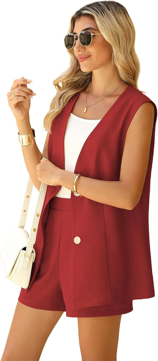 QUEZHU 2 Piece Sets for Women Summer Linen Sleeveless Blazer and Shorts Set 2025 Dressy Casual Outfits Matching Set