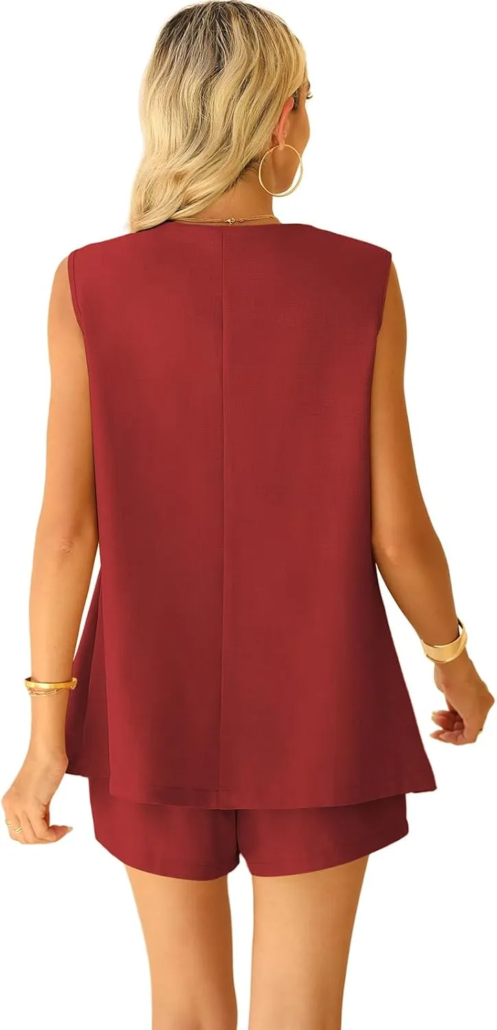 QUEZHU 2 Piece Sets for Women Summer Linen Sleeveless Blazer and Shorts Set 2025 Dressy Casual Outfits Matching Set
