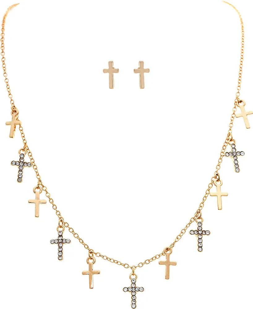 Rain Jewelry Gold Crystal Cross Charms Necklace Set