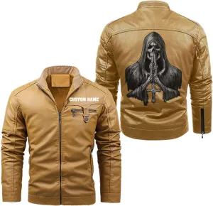 Reaper Death Grim Ghost Evil Praying Gothic Dark Skull Custom Name Men Leather Jacket Coat Removable Hood