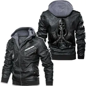 Reaper Death Grim Ghost Evil Praying Gothic Dark Skull Custom Name Men Leather Jacket Coat Removable Hood