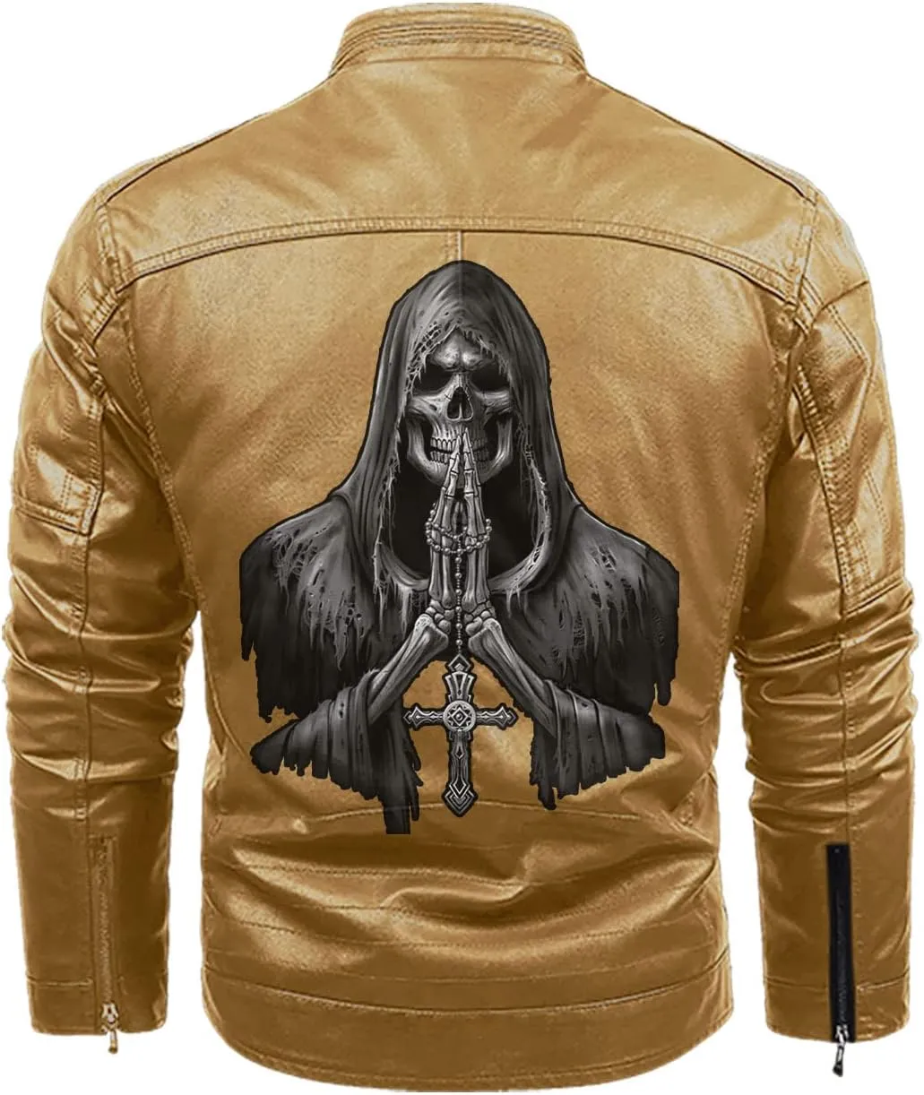 Reaper Death Grim Ghost Evil Praying Gothic Dark Skull Custom Name Men Leather Jacket Coat Removable Hood