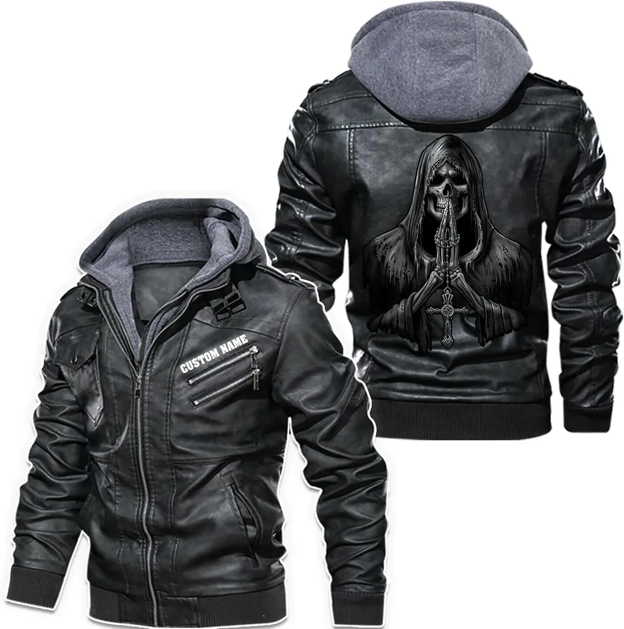 Reaper Death Grim Ghost Evil Praying Gothic Dark Skull Custom Name Men Leather Jacket Coat Removable Hood