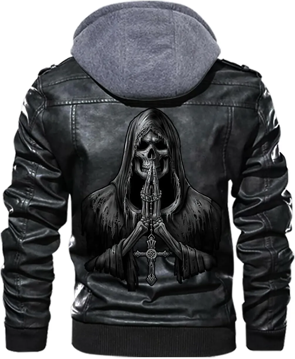 Reaper Death Grim Ghost Evil Praying Gothic Dark Skull Custom Name Men Leather Jacket Coat Removable Hood