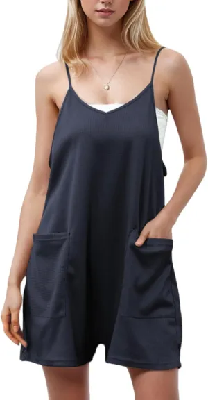 Rompers for Women Summer Casual Overalls Waffle Knit Sleeveless Loose Spaghetti Strap Shorts Jumpsuits with Pockets 2025