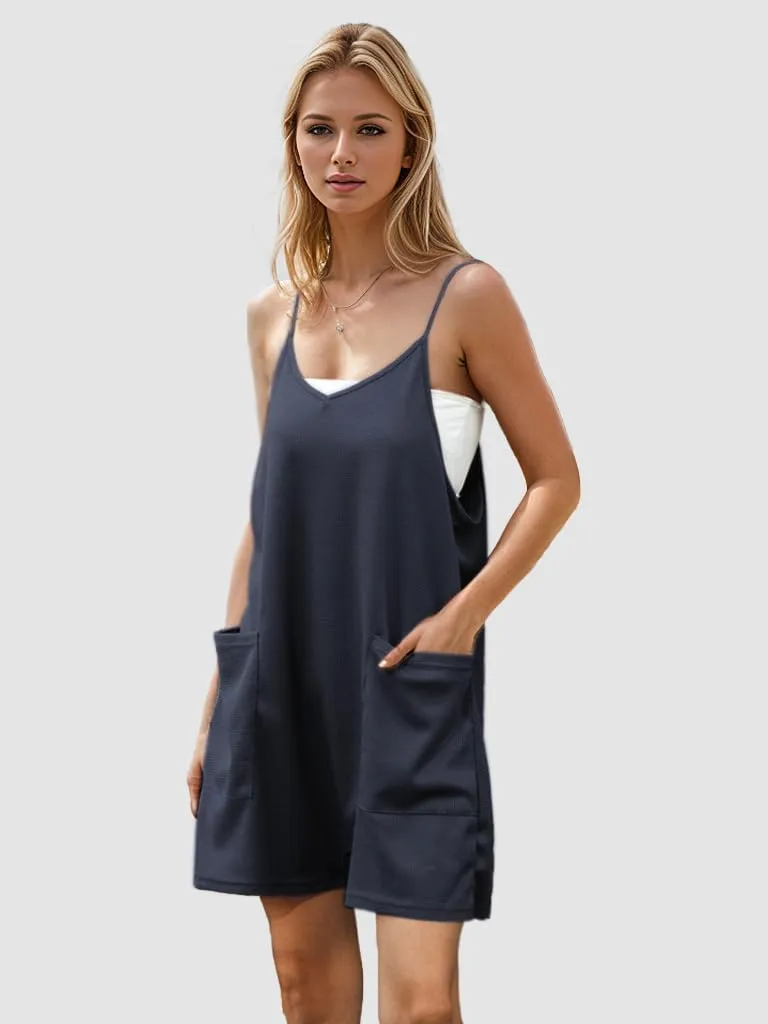 Rompers for Women Summer Casual Overalls Waffle Knit Sleeveless Loose Spaghetti Strap Shorts Jumpsuits with Pockets 2025