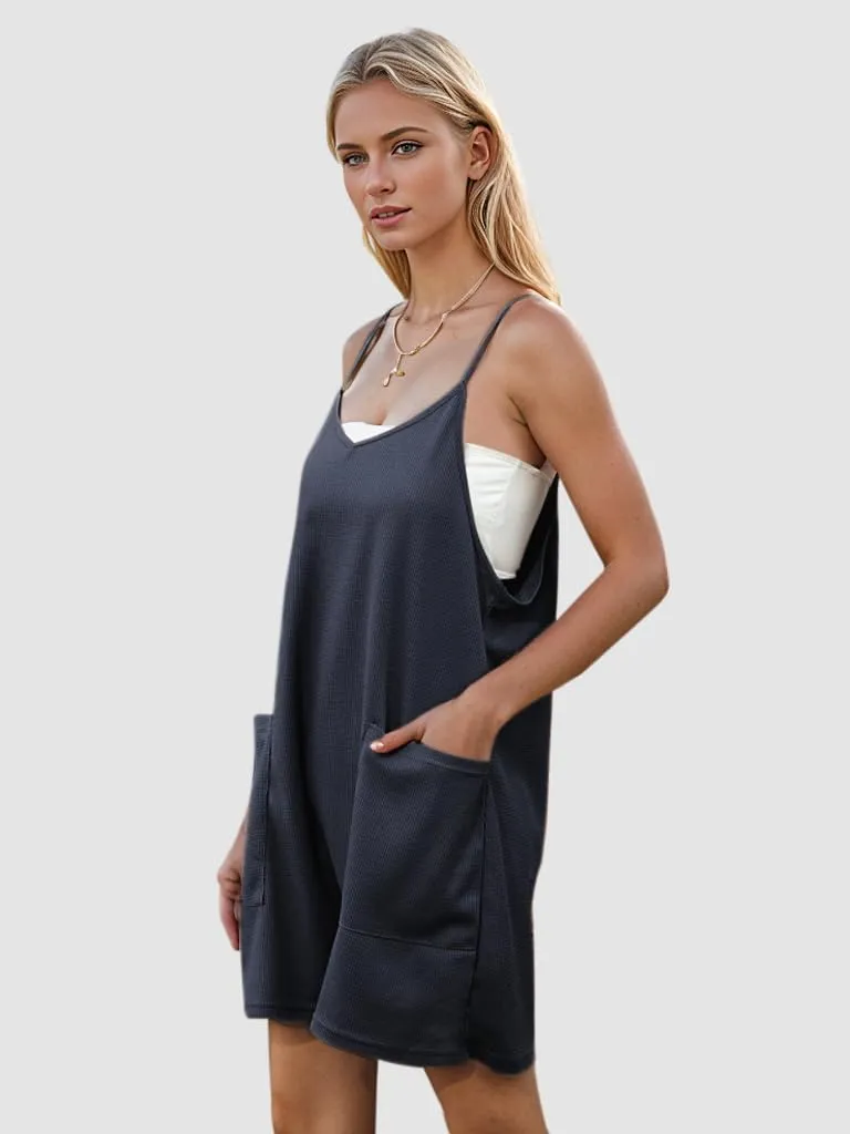 Rompers for Women Summer Casual Overalls Waffle Knit Sleeveless Loose Spaghetti Strap Shorts Jumpsuits with Pockets 2025