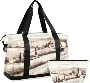 Rustic Italian Drawing Sports Gym Bag with Waterproof Dry Wet Pocket, Travel Duffel Bag for Women MenWorkout Bag Fits Yoga, Swimming