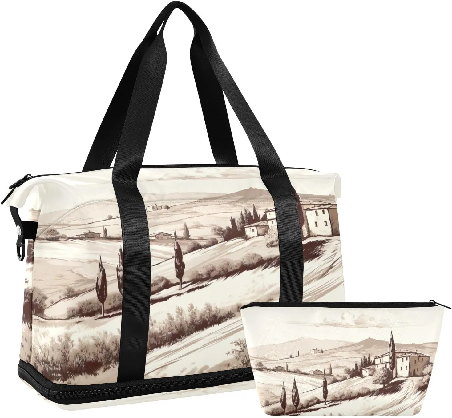 Rustic Italian Drawing Sports Gym Bag with Waterproof Dry Wet Pocket, Travel Duffel Bag for Women MenWorkout Bag Fits Yoga, Swimming