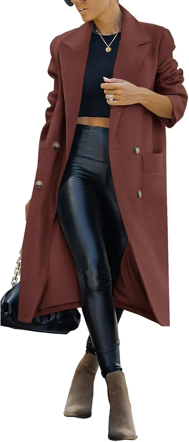 Saodimallsu Womens Trench Coat Winter Lapel Double Breasted Long Pea Coat Casual Work Office Overcoat with Pocket